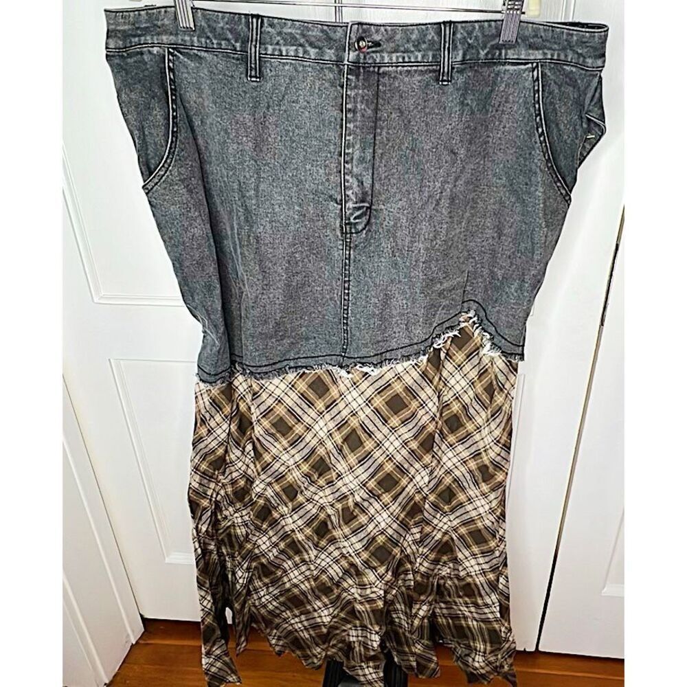 Hot Topic Black Denim & Plaid Suspenders Maxi Skirt Plus Size 2